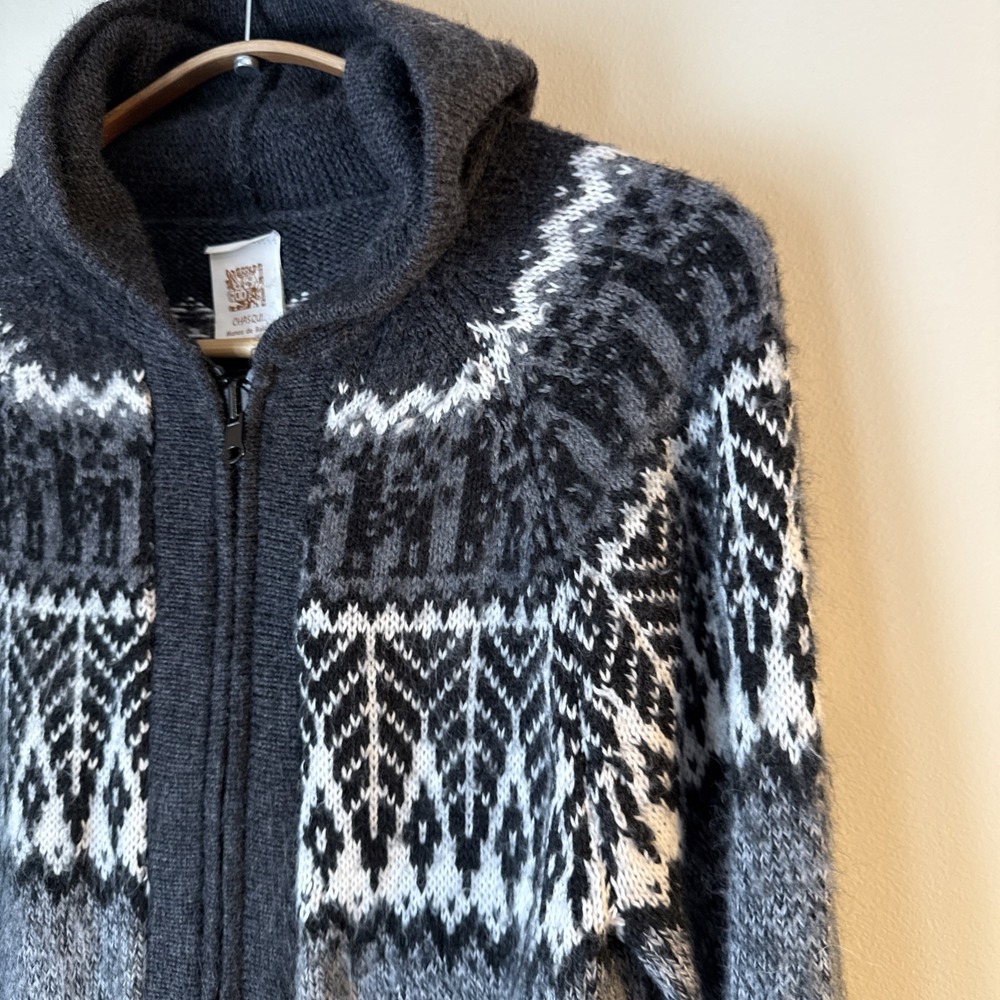 Chasqui Sweater Full Zip Gray Size M Alpaca Bolivia Fair Isle Nordic Hand Knit - Picture 2 of 11